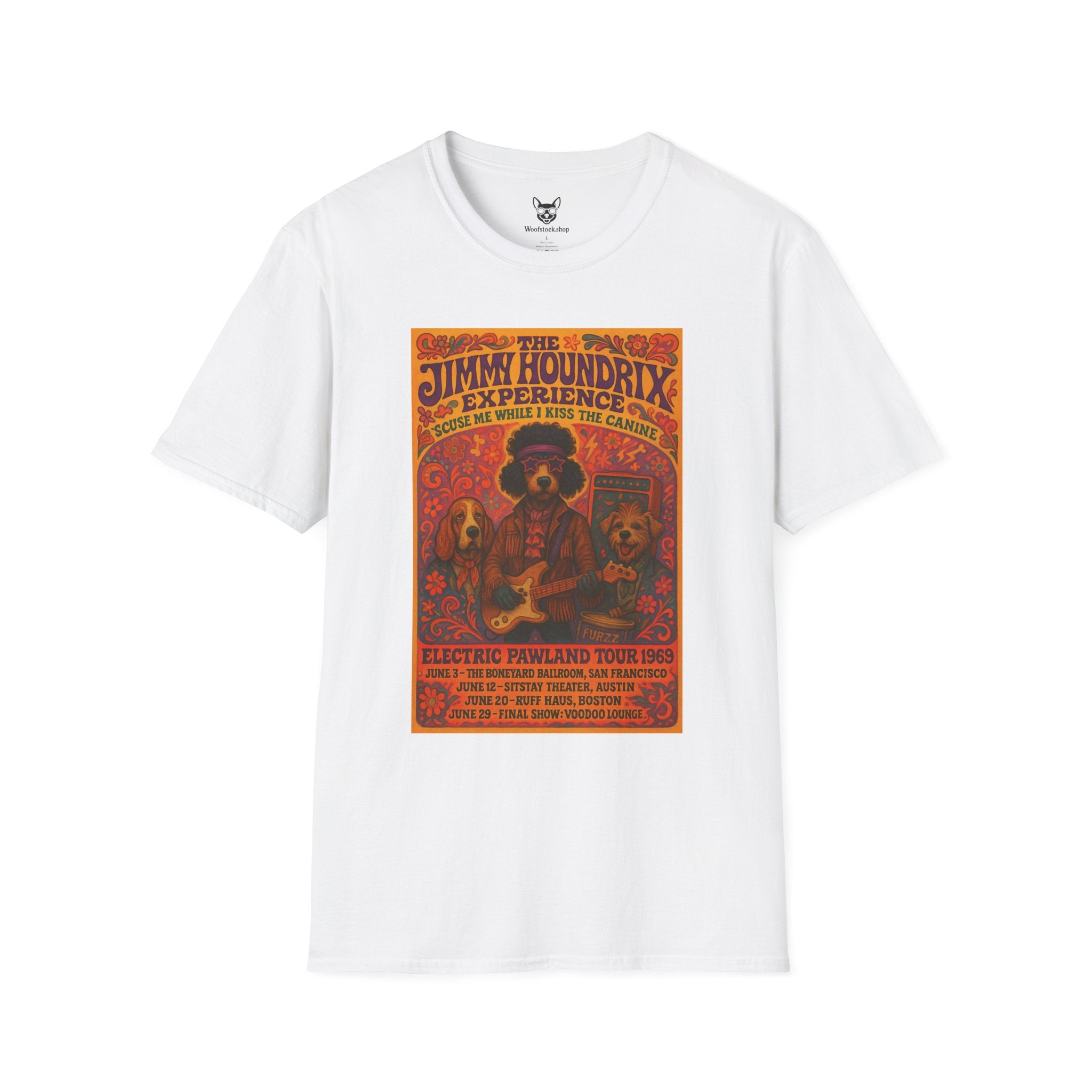 Jimi Hendrix Concert Poster Dog Parody Unisex Softstyle T-Shirt -- Funny Rock Tee for Music and Dog Lovers